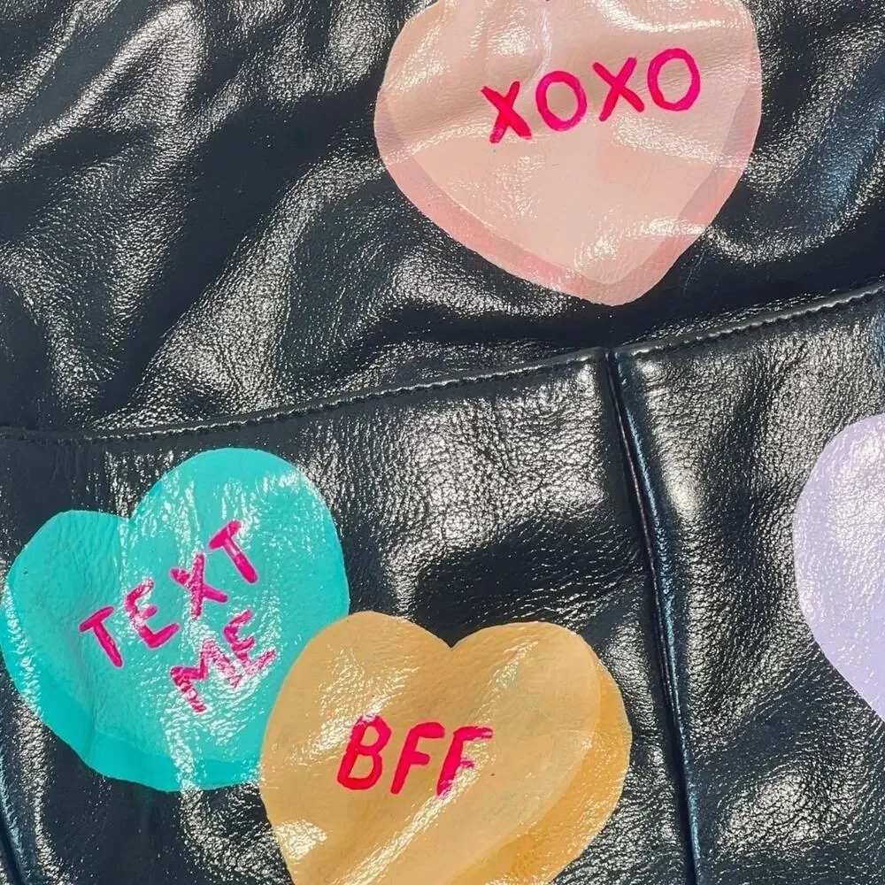 Black Leather Hand Painted Sweethearts Purse Graphic Cheeky Whimsy Pop Art